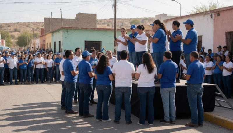 Simpatizantes reunidos en una plaza de Delicias bajo el sol del atardecer, con colores azul y blanco del PAN