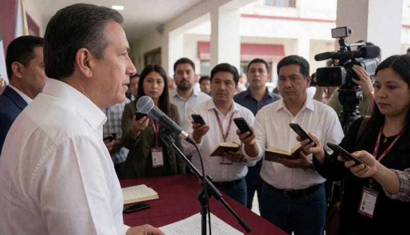 Conferencia de prensa con funcionario panista respondiendo preguntas de medios de comunicación