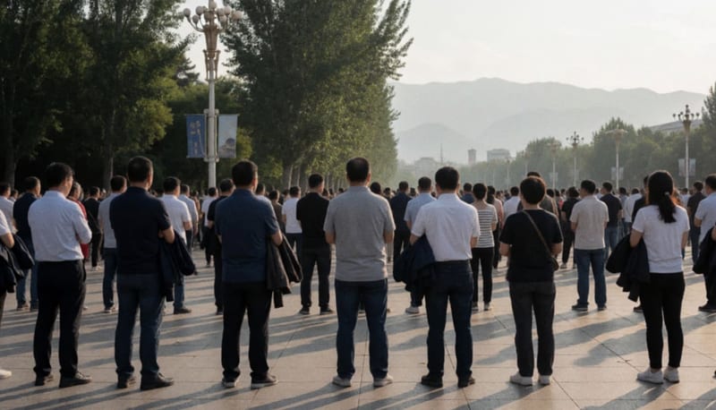 Grupo de personas reunidas de espaldas sobre una amplia explanada pavimentada con árboles y montañas al fondo durante la tarde