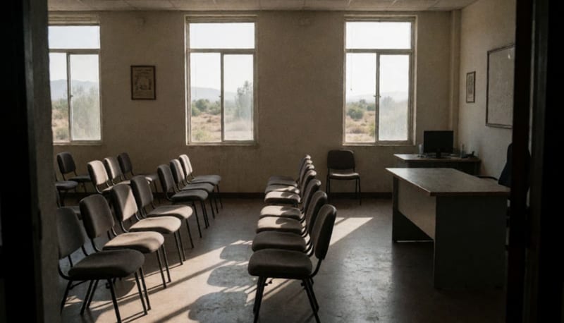 Interior de una sala de asambleas con sillas vacías y luz de tarde atravesando las ventanas