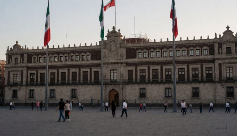 Fachada de un palacio de gobierno al atardecer, vista desde una plaza
