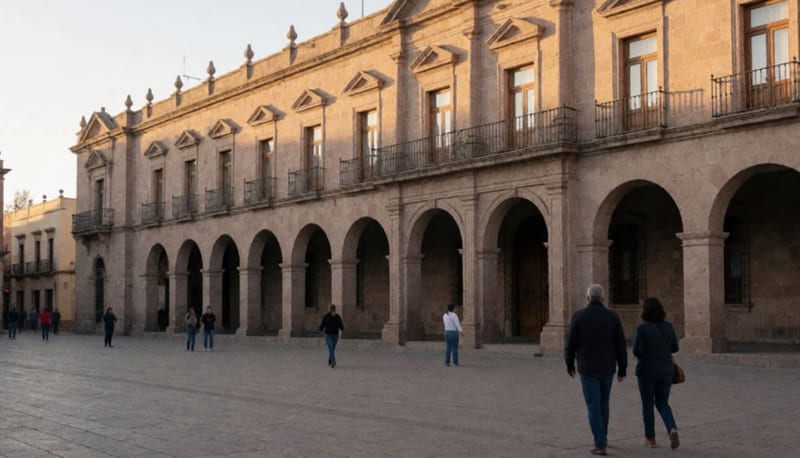 Edificio de gobierno con arcos al atardecer