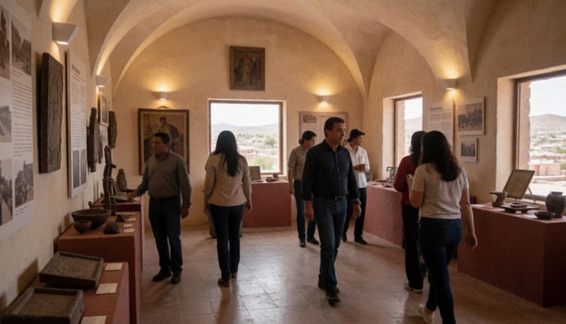 Funcionarios y visitantes recorren una sala de exhibición con vitrinas y obras históricas en el interior de la Casa de la Cultura