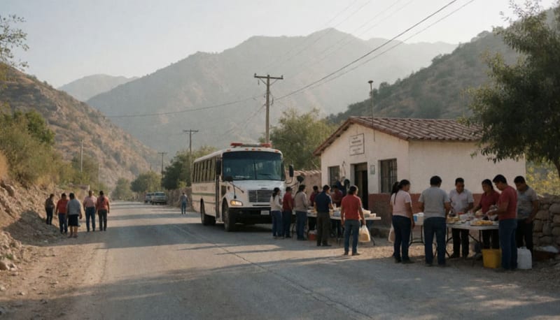 Personas reunidas alrededor de instalaciones municipales en una comunidad de montaña durante actividades de atención a la población