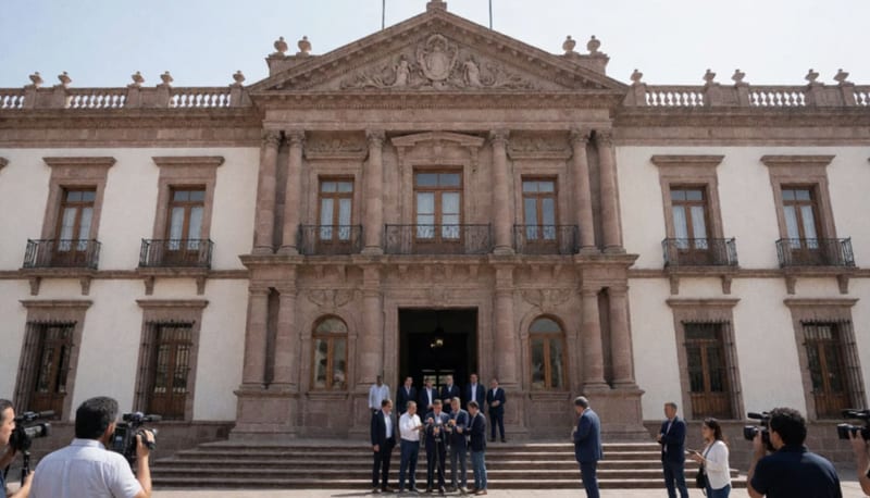 Periodistas esperan en las escalinatas de un palacio de gobierno