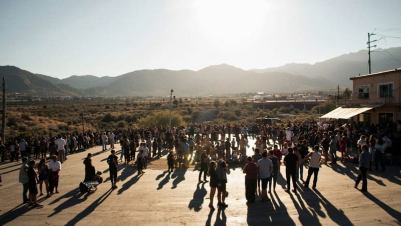 Asistentes reunidos en una plaza de un pueblo serrano de Chihuahua durante un encuentro político