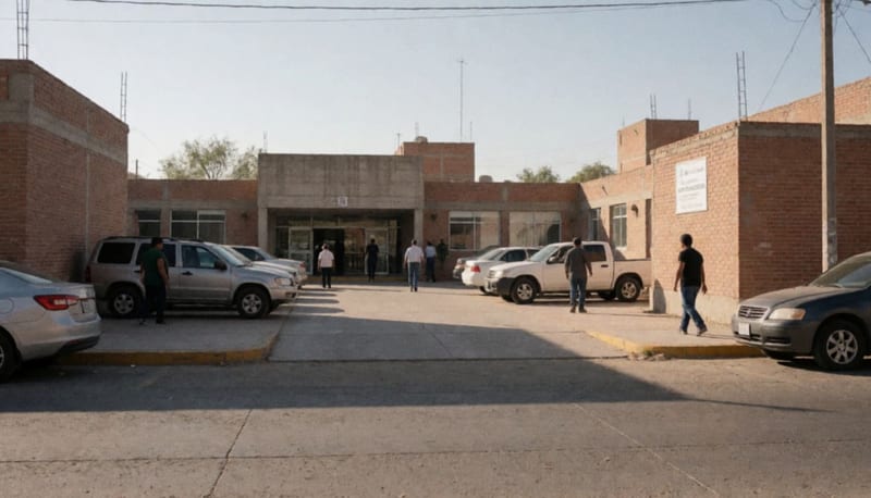 Entrada del hospital con vehículos estacionados y personas transitando en la plaza frontal bajo la luz del atardecer