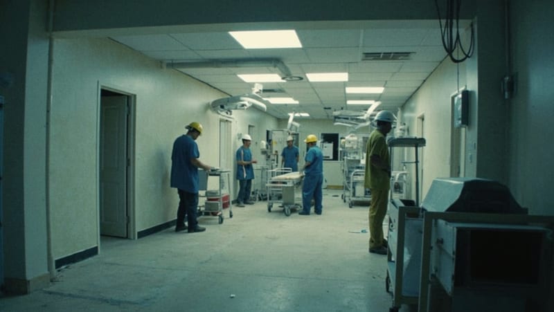 Trabajadores supervisando la instalación de equipamiento médico en una zona quirúrgica del hospital durante las labores de remodelación