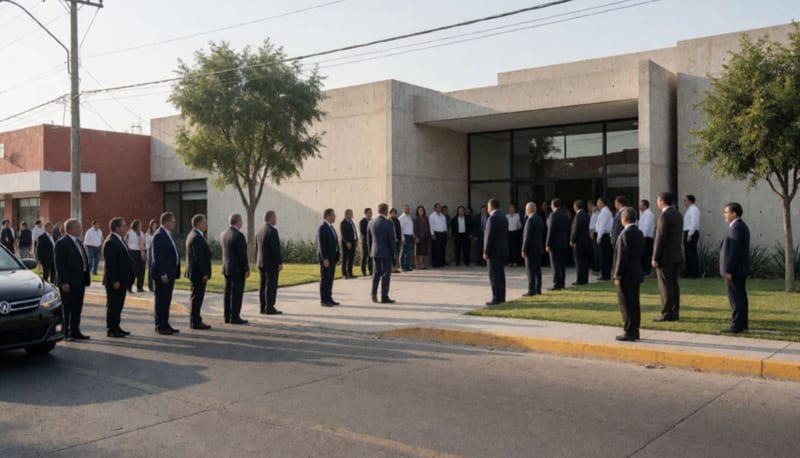 Autoridades reunidas en la entrada de un moderno complejo judicial en Parral durante una jornada de trabajo oficial