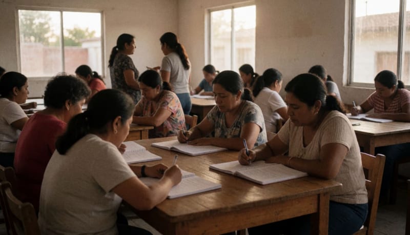 Adultos en un espacio comunitario revisando materiales de estudio alrededor de mesas de madera