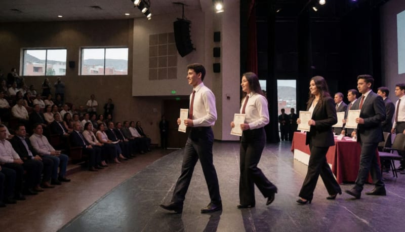 Graduados sosteniendo sus constancias en el escenario del Teatro de la Ciudad durante la ceremonia de egreso