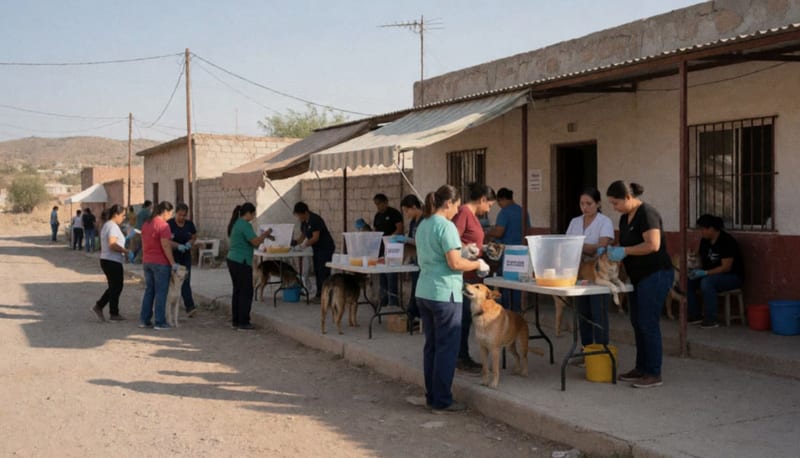 Equipo veterinario atendiendo mascotas en una campaña comunitaria de esterilización bajo toldo improvisado