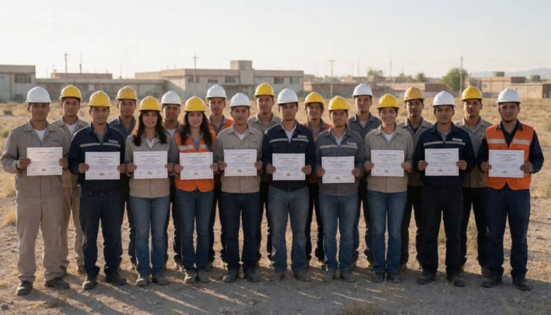 Grupo de jóvenes egresados en uniforme técnico sosteniendo certificados en los terrenos de una escuela profesional