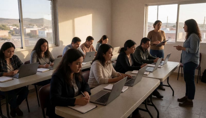 Comerciantes de Meoqui durante una sesión de capacitación en marketing digital con laptops y materiales de estudio