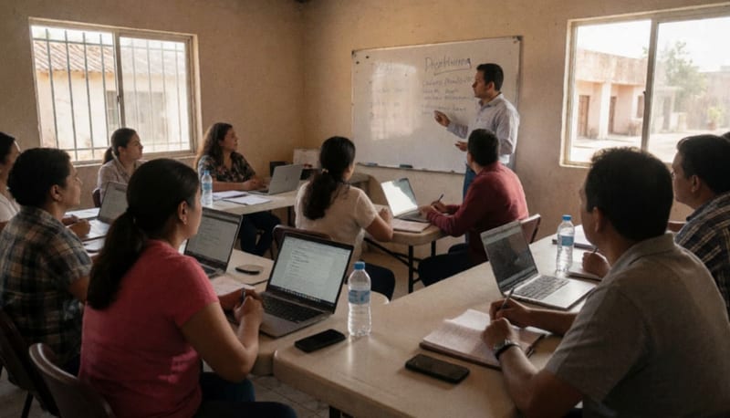 Comerciantes en una sala de capacitación tomando apuntes durante un curso de marketing digital