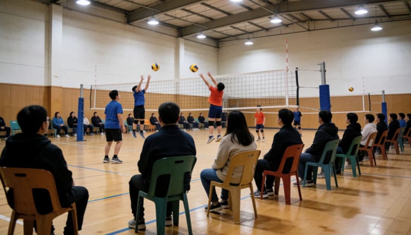 Jóvenes voleibolistas saltando junto a la red en varias canchas de un gimnasio techado, con familiares sentados al fondo