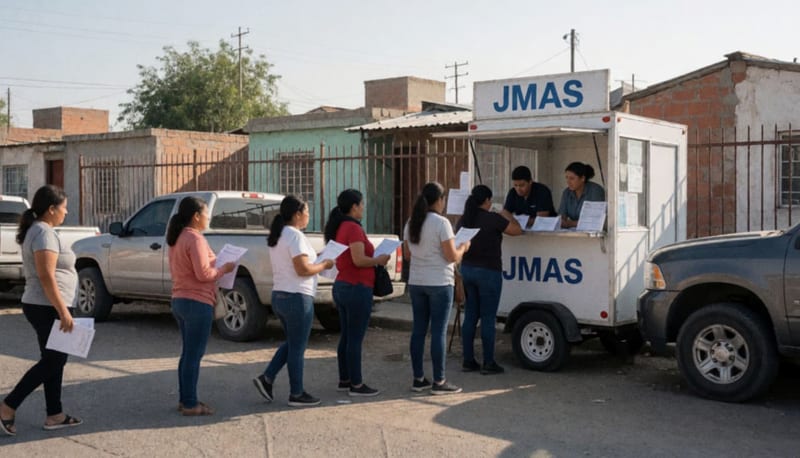 Ciudadanos acercándose a un módulo de atención de JMAS en una colonia de Ciudad Juárez