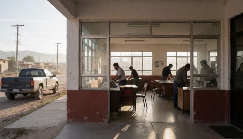 Biblioteca municipal con trabajadores acondicionando el interior para el programa educativo