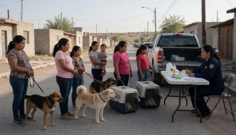 Familias esperando en fila con sus perros y gatos para recibir la vacuna antirrábica en una jornada comunitaria
