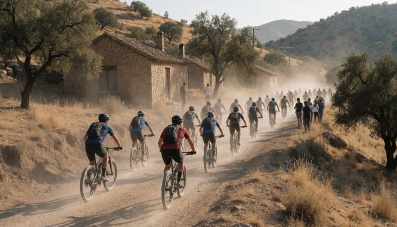 Grupo numeroso de ciclistas de montaña pedaleando por un camino de terracería entre cerros secos y casas antiguas de piedra