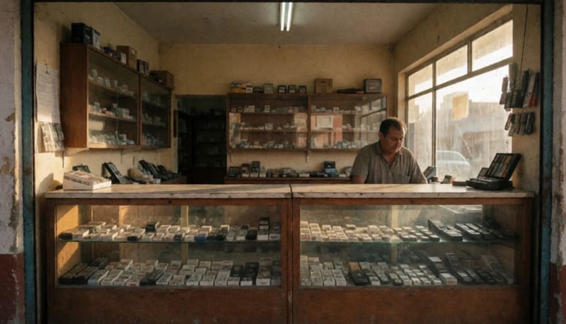 Interior de una pequeña relojería en el Centro de Parral con mostrador de madera y vitrinas de cristal