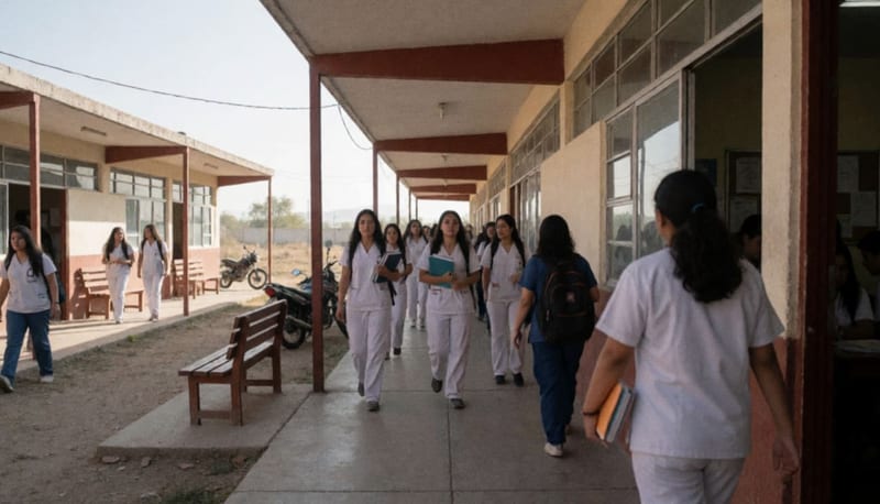 Estudiantes en uniforme de enfermería caminando por los pasillos de un plantel educativo en Chihuahua