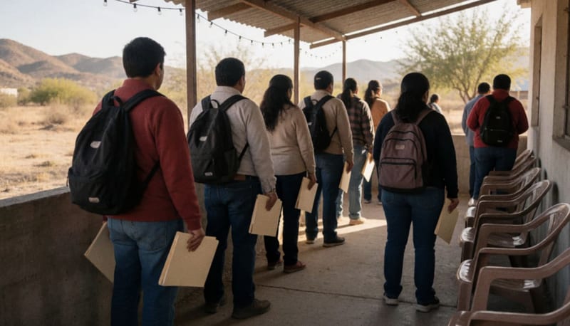 Grupo de personas formadas al aire libre con folders y mochilas bajo una sombra, con cerros áridos al fondo