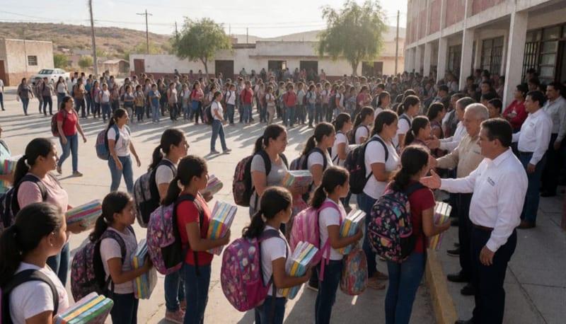 Miles de estudiantes y padres de familia en plaza pública durante acto inaugural del ciclo escolar en región desértica