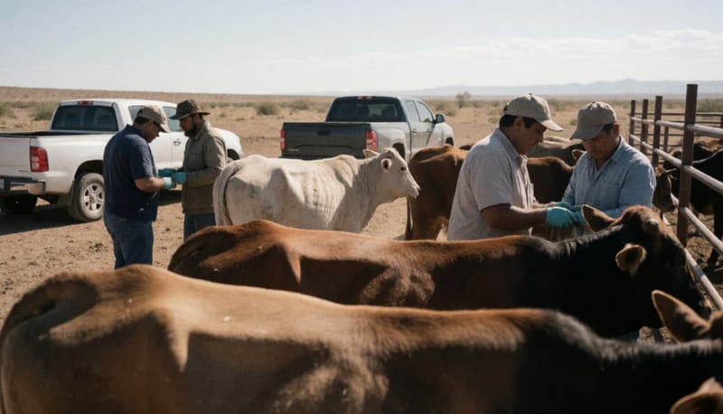 Personal veterinario aplicando tratamiento desparasitante a ganado bovino en corral abierto del municipio