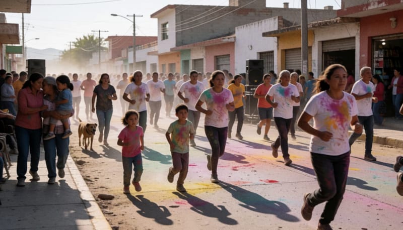 Cientos de personas de todas las edades corren juntas cubiertos de polvo de color en una avenida de Delicias bajo la luz del sol