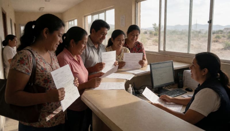 Familias revisando documentos de propiedad en una oficina municipal de Delicias