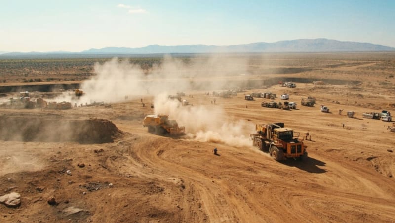 Sitio de construcción industrial en terreno desértico de Delicias con maquinaria y trabajadores durante la edificación