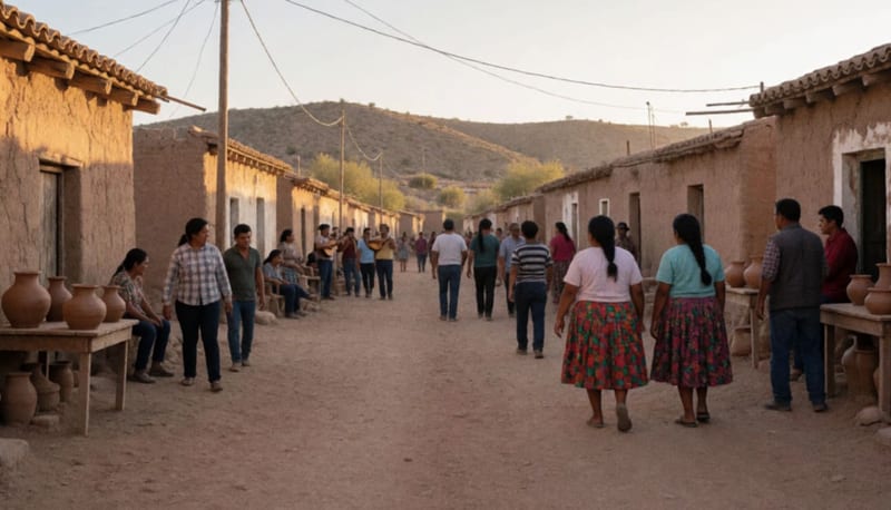 Familias y visitantes caminan por una calle de tierra entre casas de adobe, con músicos al fondo y ollas de barro sobre mesas