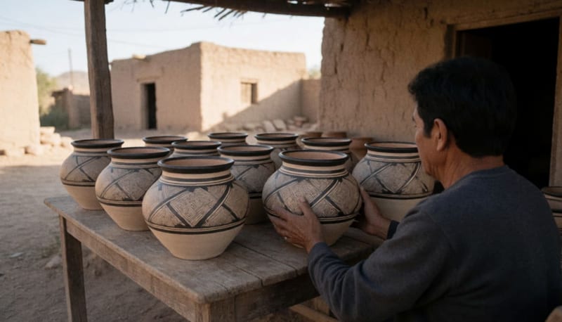 Ollas de barro pulido con diseños geométricos sobre una mesa de madera en un patio de adobe, mientras un artesano acomoda una pieza