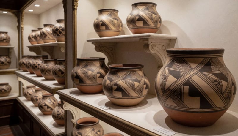 Vasijas de cerámica artesanal de Mata Ortiz con diseños geométricos expostos en una galería iluminada