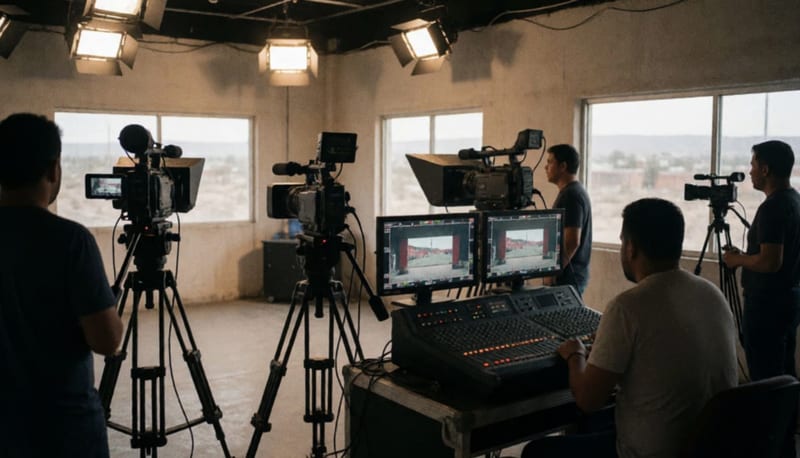 Interior de un estudio de televisión con cámaras, consola de mezcla y equipo profesional listo para transmisión