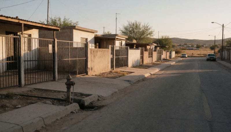 Calle residencial de una localidad norteña con casas modestas y tubería de agua visible en la banqueta
