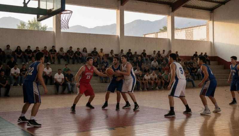 Jugadores disputando el balón durante un partido de básquetbol en cancha techada con afición en las gradas