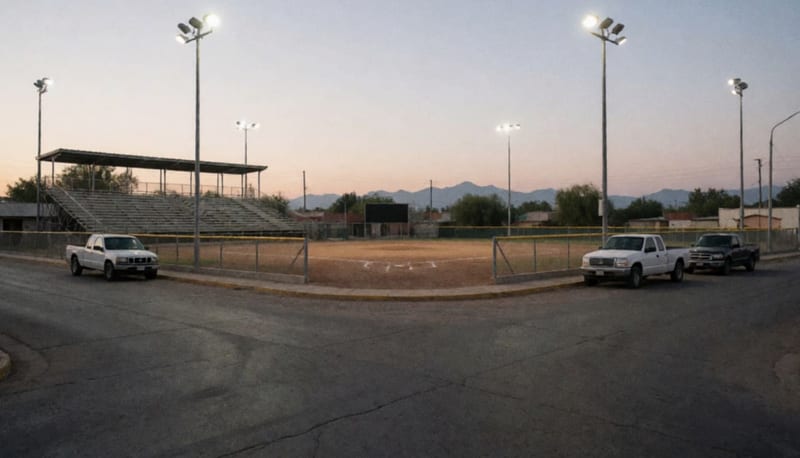 Diamante de béisbol vacío con gradas y luces del estadio al atardecer en una zona desértica