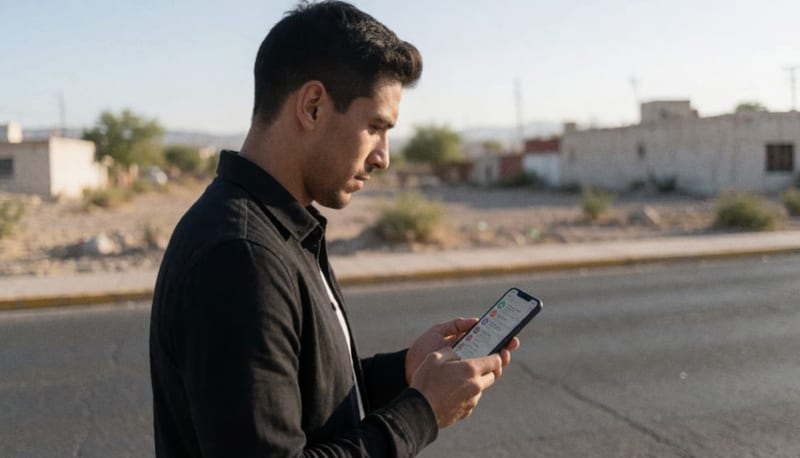 Jugador de fútbol consultando redes sociales en una calle desértica de una ciudad del norte mexicano