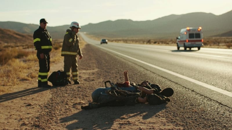 Paramédicos atendiendo a ciclista en el costado de una carretera desértica de Parral