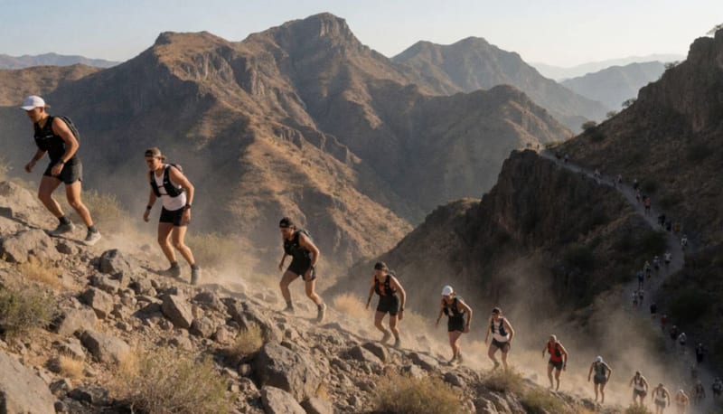 Corredores de trail running ascendiendo por un sendero rocoso en las montañas de la región tarahumara