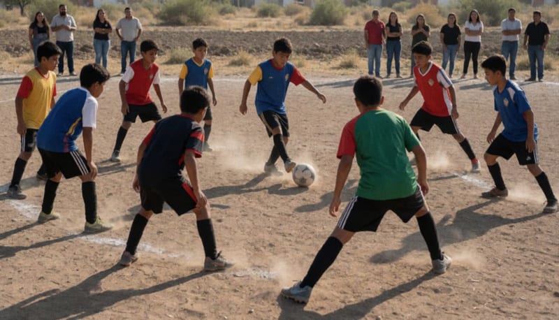 Jóvenes futbolistas calentando en un campo de tierra de un municipio norteño, con espectadores observando desde la orilla