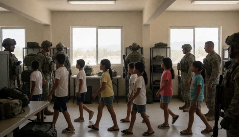 Menores recorriendo las instalaciones del batallón militar en compañía de instructores uniformados