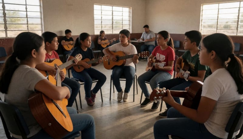 Niños y jóvenes con instrumentos musicales durante una clase en una sede comunitaria de Meoqui