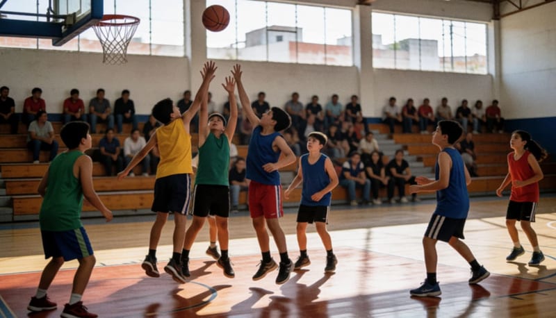 Jóvenes jugadores en acción durante un partido de básquetbol dentro de un gimnasio iluminado