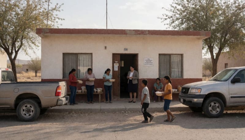Fachada de un edificio municipal con personas llevando contenedores de alimentos en un pueblo del norte de México