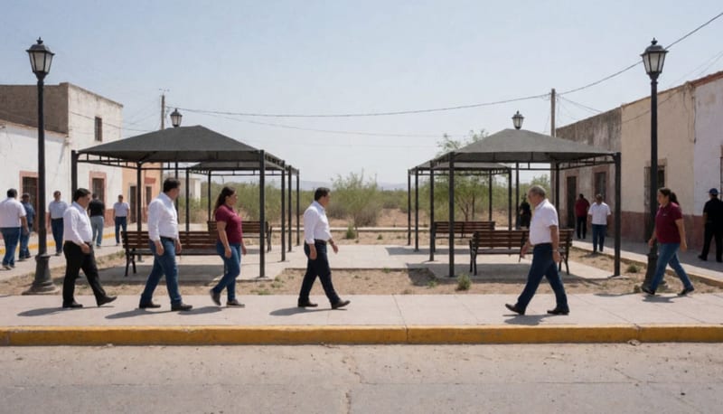 Autoridades recorriendo un espacio en la plaza municipal para evaluar la ubicación del nuevo comedor comunitario