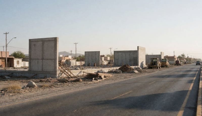 Obras en proceso con muros de concreto levantándose en un terreno junto a la carretera
