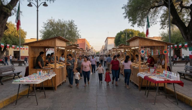 Plaza principal con puestos de emprendedores y familias recorriendo la feria gastronómica al atardecer